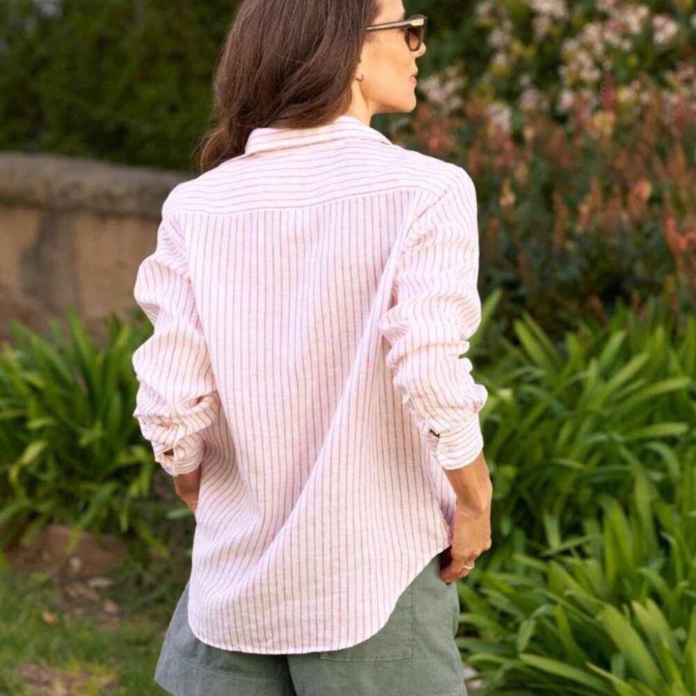 NEW FRANK & EILEEN EILEEN RELAXED BUTTON-UP SHIRT IN PINK STRIPE LINEN - Picture 2 of 10